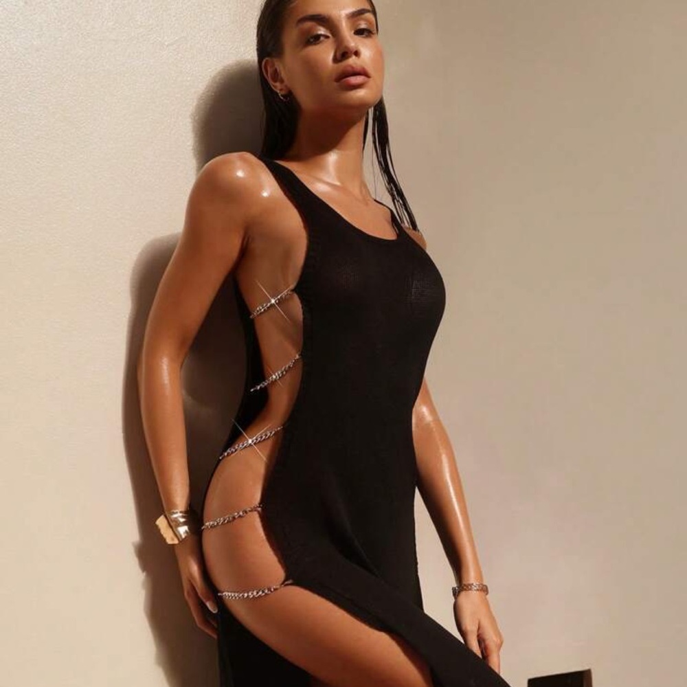 Black Cut-Out Dress with Chain Detail